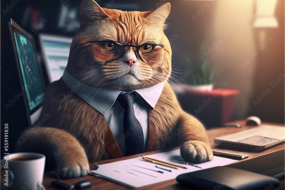 Poster a cat wearing a tie and glasses sitting at a desk with a computer and a cup of coffee in front of it