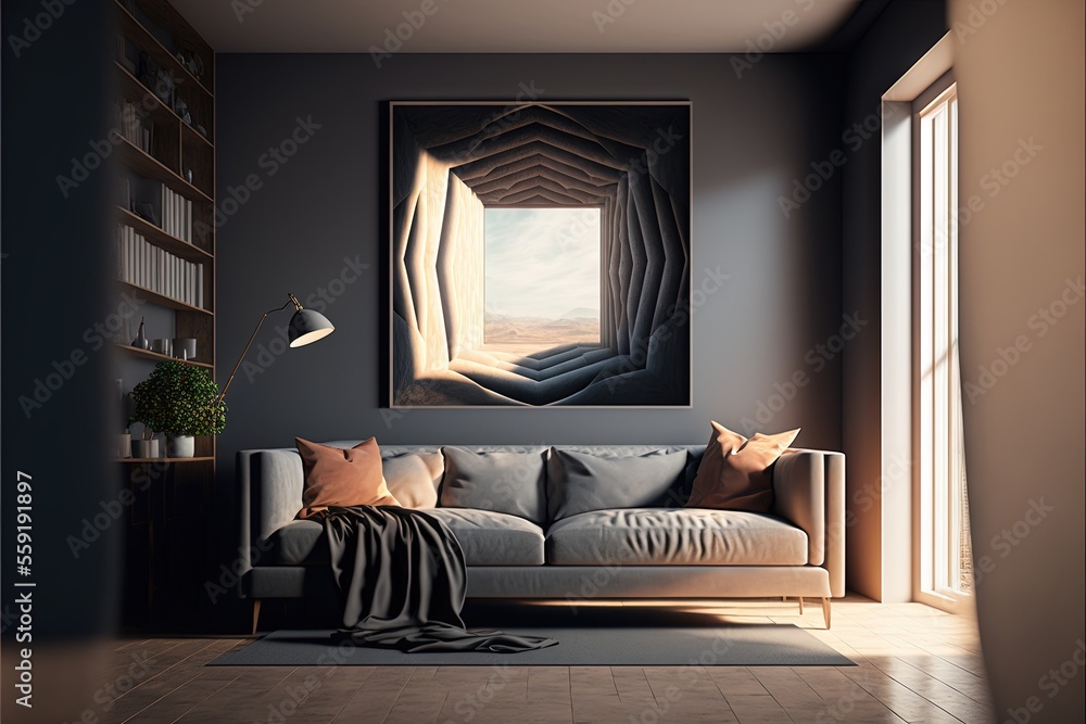 Poster a living room with a couch and a painting on the wall above it and a lamp on the floor next to the c