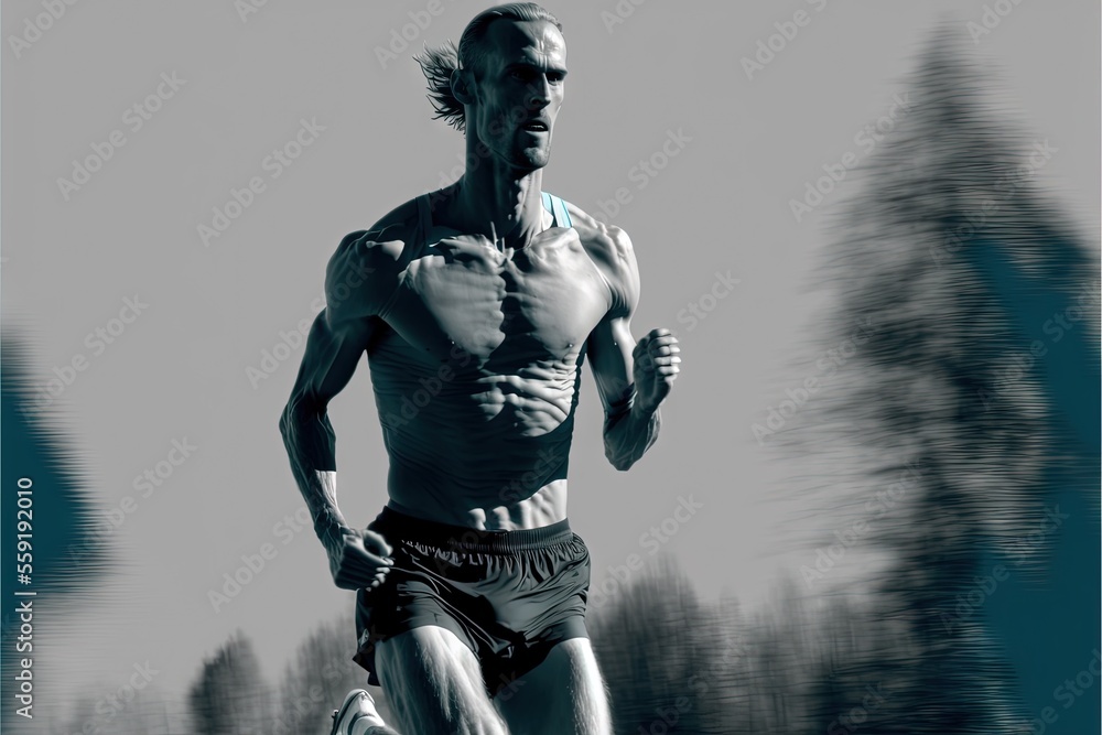 Aufkleber a man running in a marathon with trees in the background and a blurry image of him running in the fo