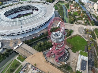 ArcelorMittal Orbit  Queen Elizabeth Olympic Park Stratford London drone aerial view.