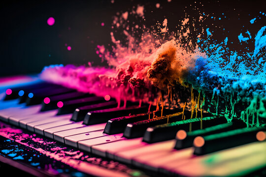 Close up of keyboard with rainbow paint energetic explosion, Generative AI, is not based on any original image, character or person	