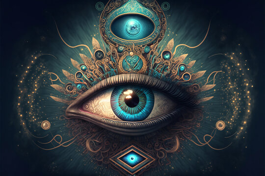 Abstract image of an eye with spiritual abstract images. Generative AI, this image is not based on any original image, character or person.	