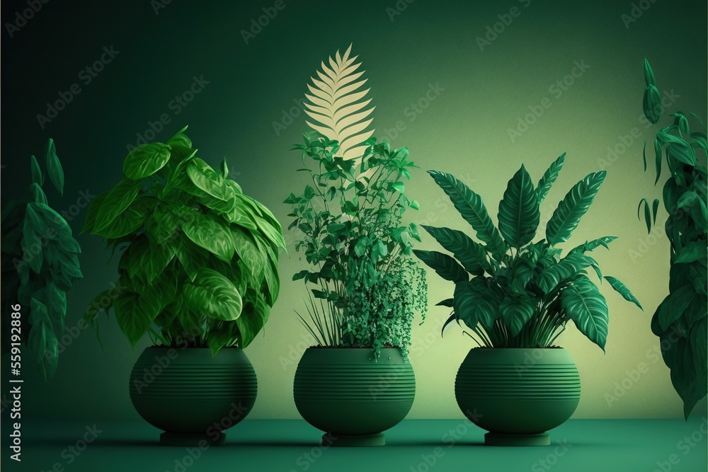Poster a group of three plant pots sitting on top of a table next to each other on a green surface with a f