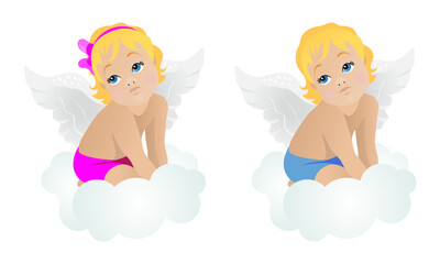 Obraz na płótnie Canvas A cute baby angel girl in pink and a boy in blue with white wings, blond hair and blue eyes are sitting on a cloud. Set of isolated valentine's day vector illustrations