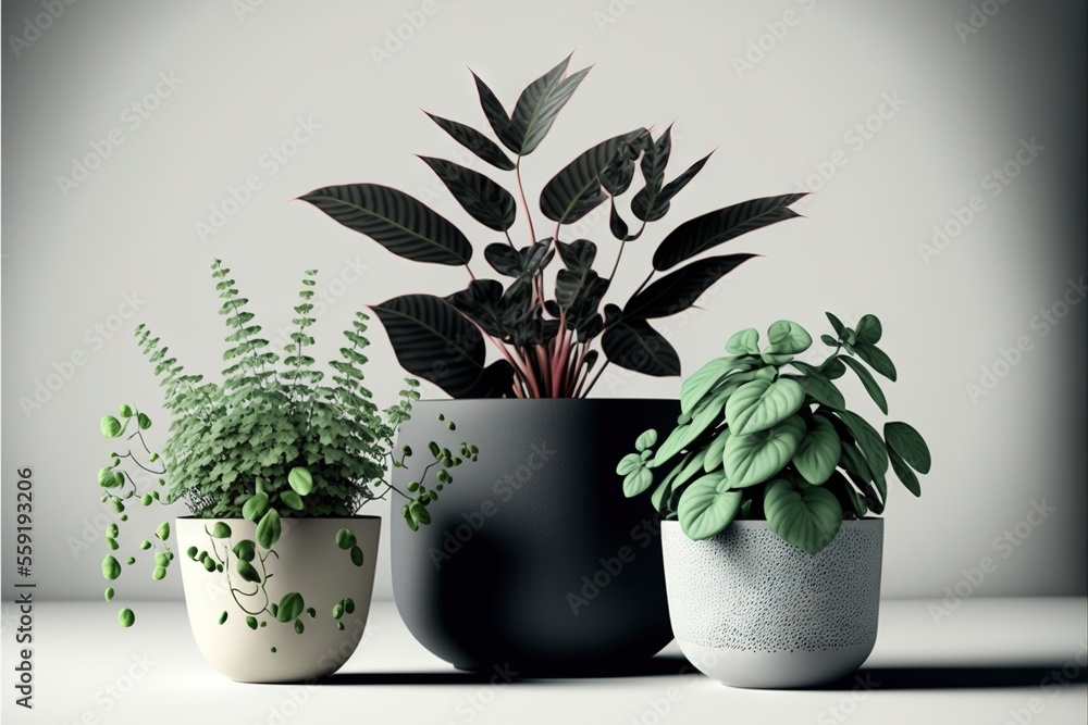Poster a group of three potted plants sitting on top of a table next to each other on a table top with a wh