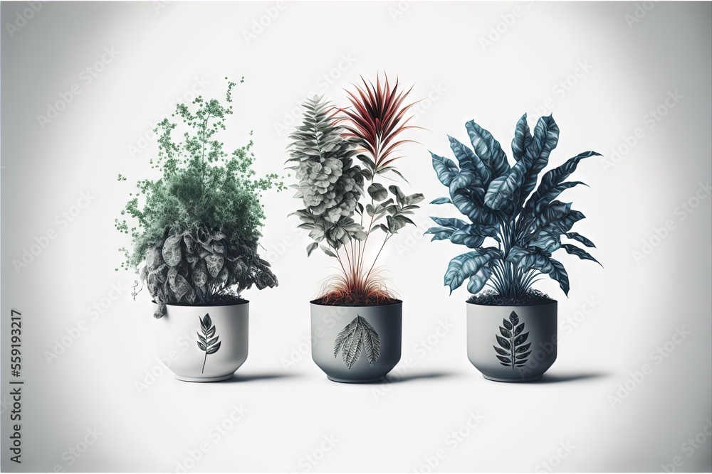 Aufkleber a group of three potted plants sitting next to each other on a white surface with a white background