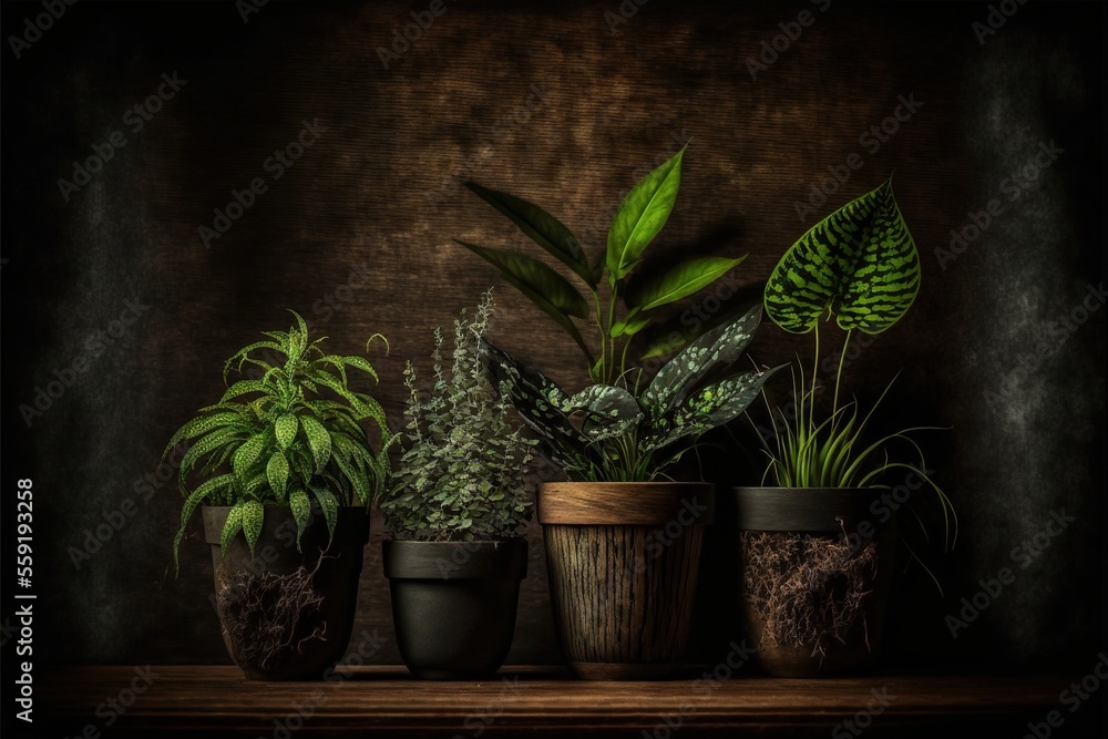 Poster a group of plants sitting on top of a wooden table next to each other on a shelf in a room with a da