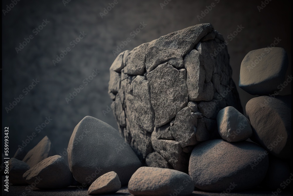 Poster a rock with a bunch of rocks around it on a table top with a dark background and a black and white p