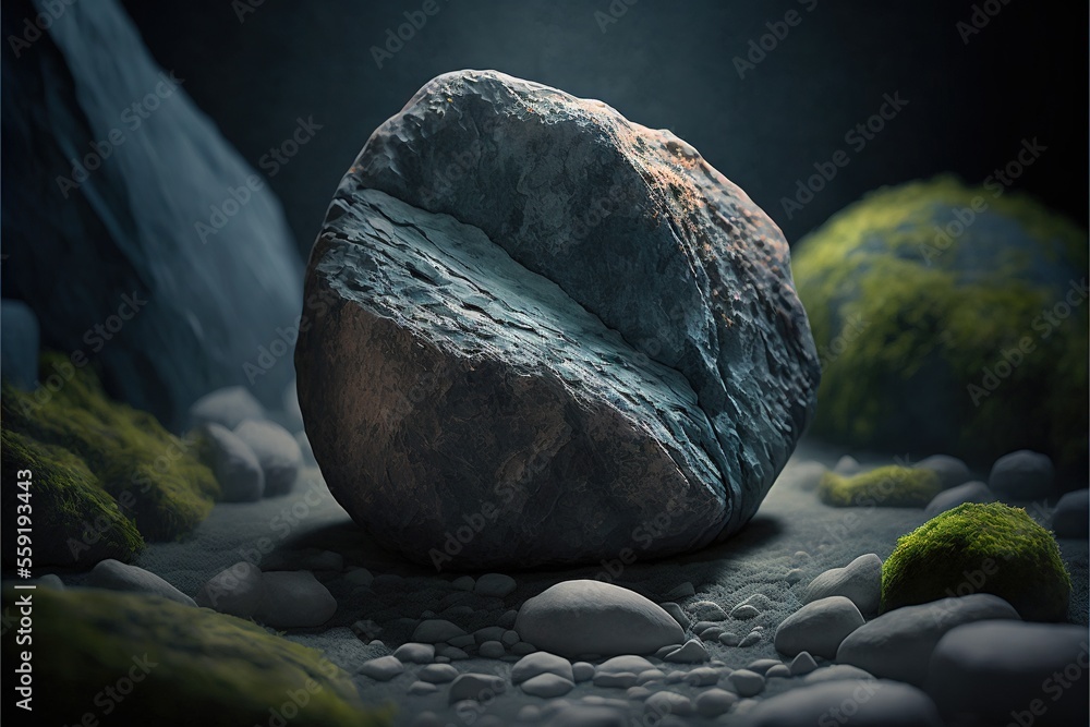 Poster a rock sitting on top of a river next to a forest filled with green grass and rocks and a stream of 