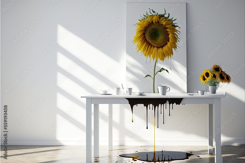 Poster a table with a sunflower and a vase of flowers on it with dripping paint on the table and a sunflowe