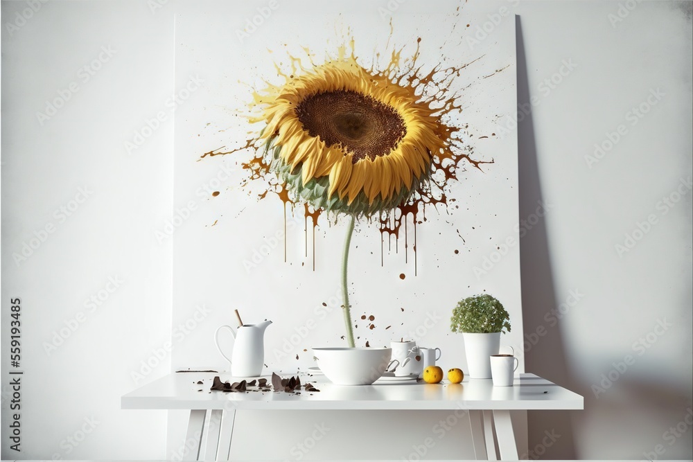 Poster a sunflower with yellow paint splattered on it and a white table with cups and bowls on it and a vas
