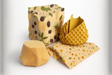 a group of different types of wrapping paper on a white surface with a honeycomb pattern and a honeycomb shaped box with a honey on top, and a honeycomb shaped honeycomb.