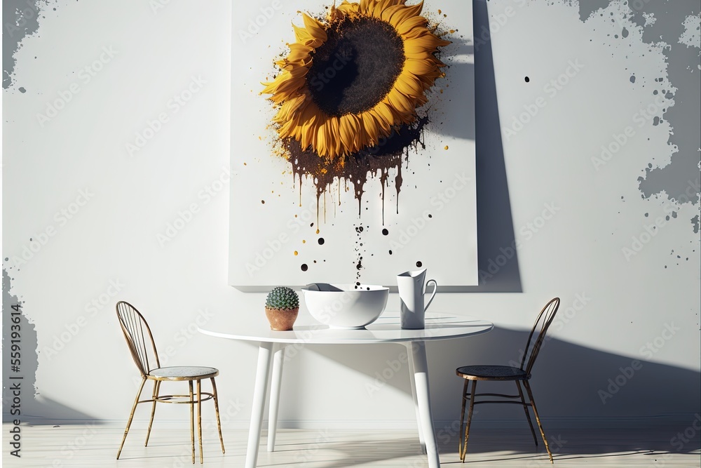 Poster a table with two chairs and a painting on the wall behind it with a sunflower on it and a cup of cof