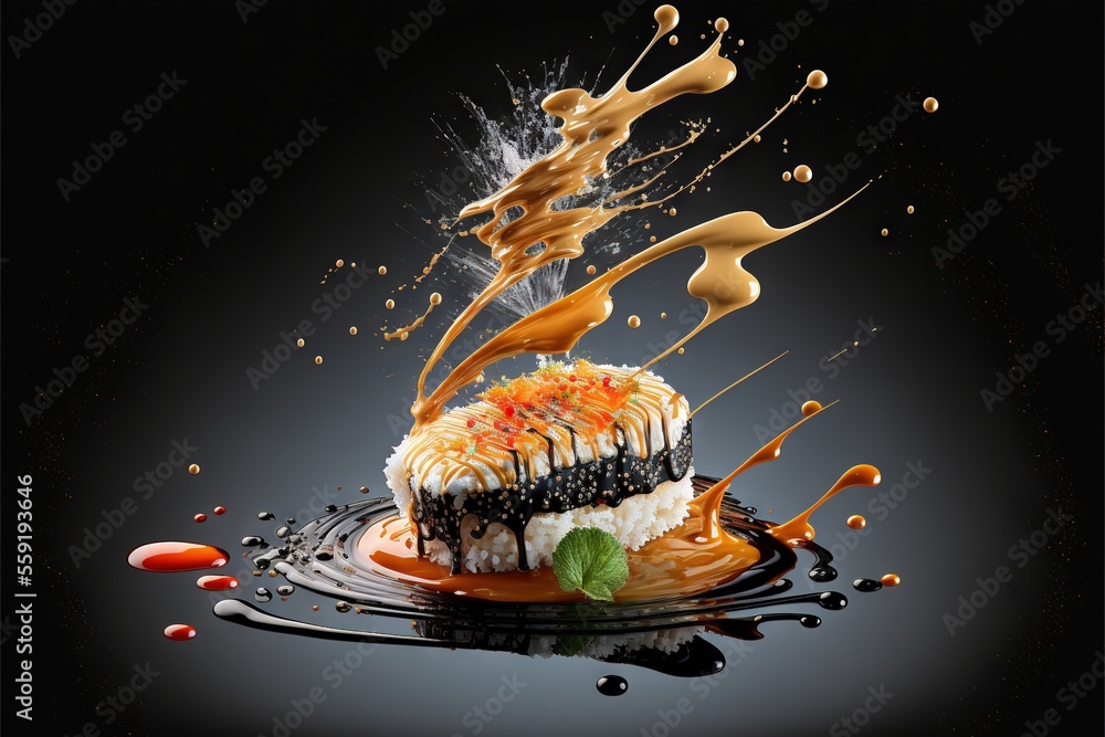 Poster a cake with chocolate and orange icing on a black surface with a splash of liquid on top of it and a