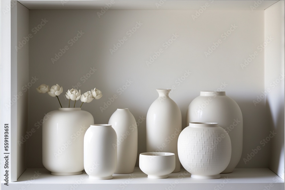 Poster a shelf with vases and a bowl on it and a vase with flowers in it on the shelf next to the vases on 