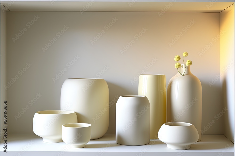 Aufkleber a shelf with a vase and bowls on it and a vase with flowers in it on the shelf next to the vase is a