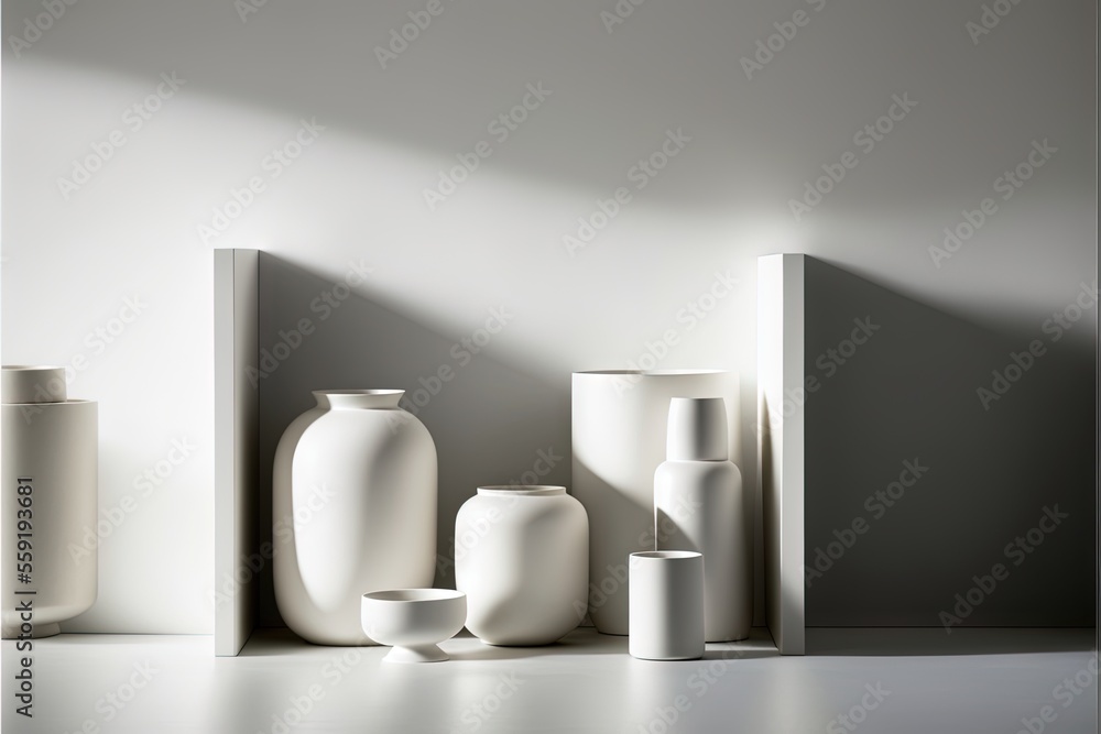 Poster a group of white vases sitting on a white surface next to a white wall and a white shelf with a shad