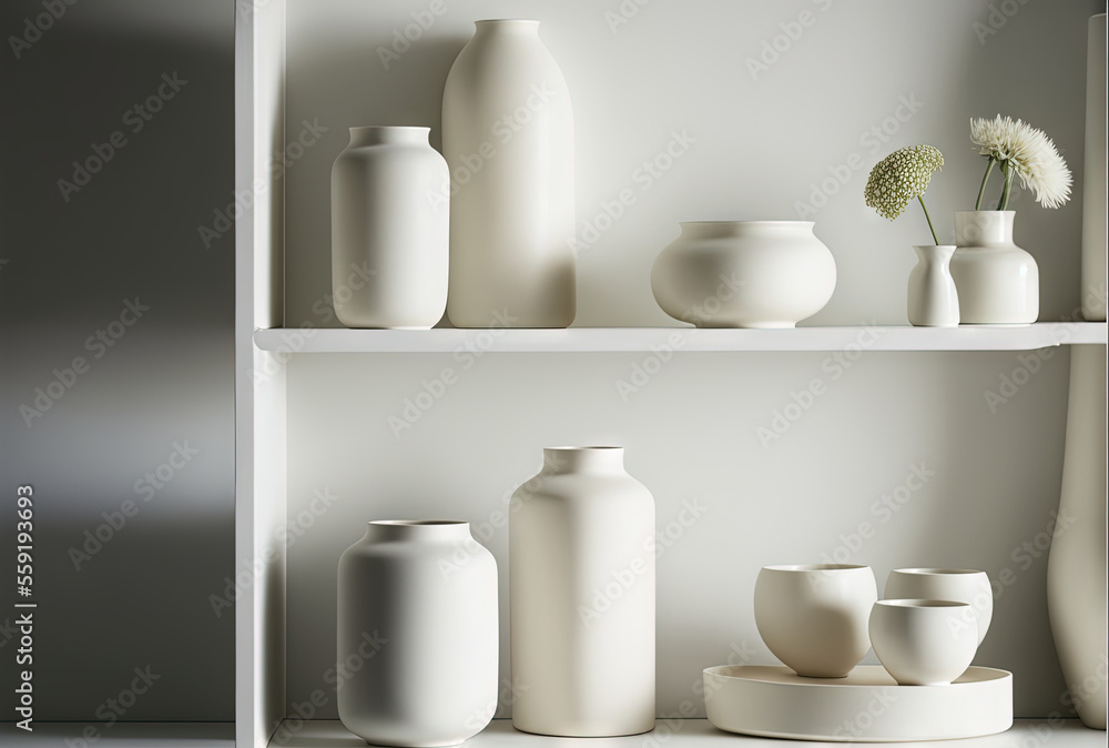 Poster a shelf with vases and other items on it in a room with a white wall and a white wall behind it, and