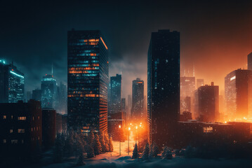 City skyscrapers, winter night, aurora sky