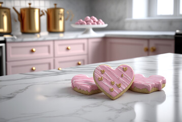 Delicious pink heart cookies on white marble table, Generative AI