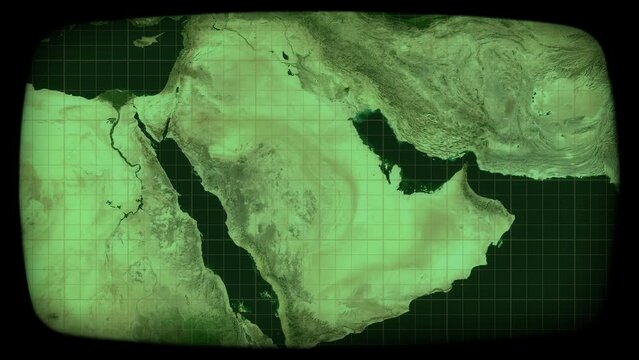 Viewing on a CRT monitor (green phosphors): satellite capture of Middle East (Saudi Arabia, Egypt, Israel, Iran, Iraq), and zooming out. Surveillance, global communications.
