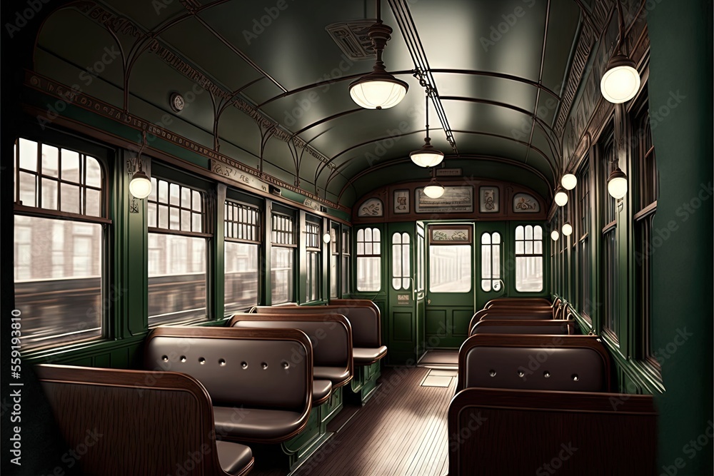 Poster a train car with lots of seats and windows on it's sides and a green door and windows on the side of the car and a green wall with a light fixture on the ceiling.