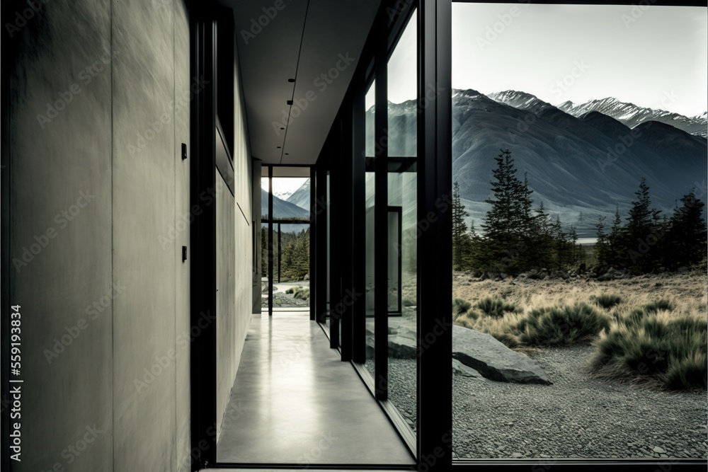 Aufkleber a long hallway leading to a mountain view with a view of the mountains in the distance and a forest 