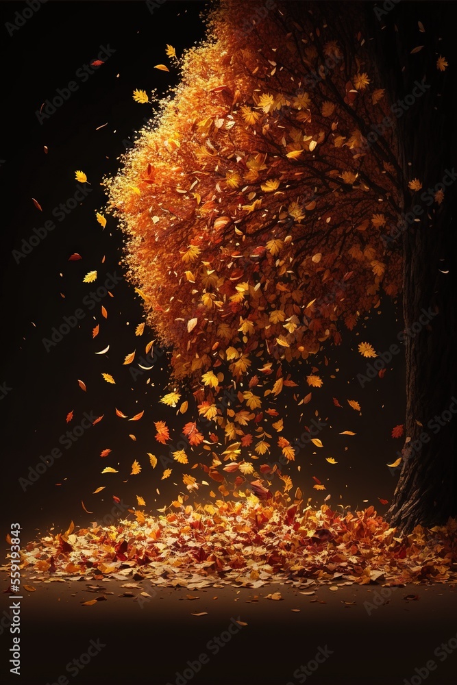 Poster a tree with falling leaves in the dark with a black background and a black background with a black b