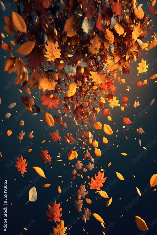 Poster a bunch of falling leaves in the air with a blue background and a black sky in the background with a