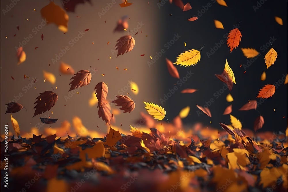 Poster a bunch of leaves that are flying in the air with a dark background and a wall in the background wit