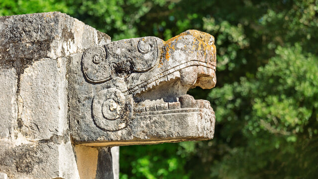 Sculpture depicting the head of a jaguar in Chichen Itza.
