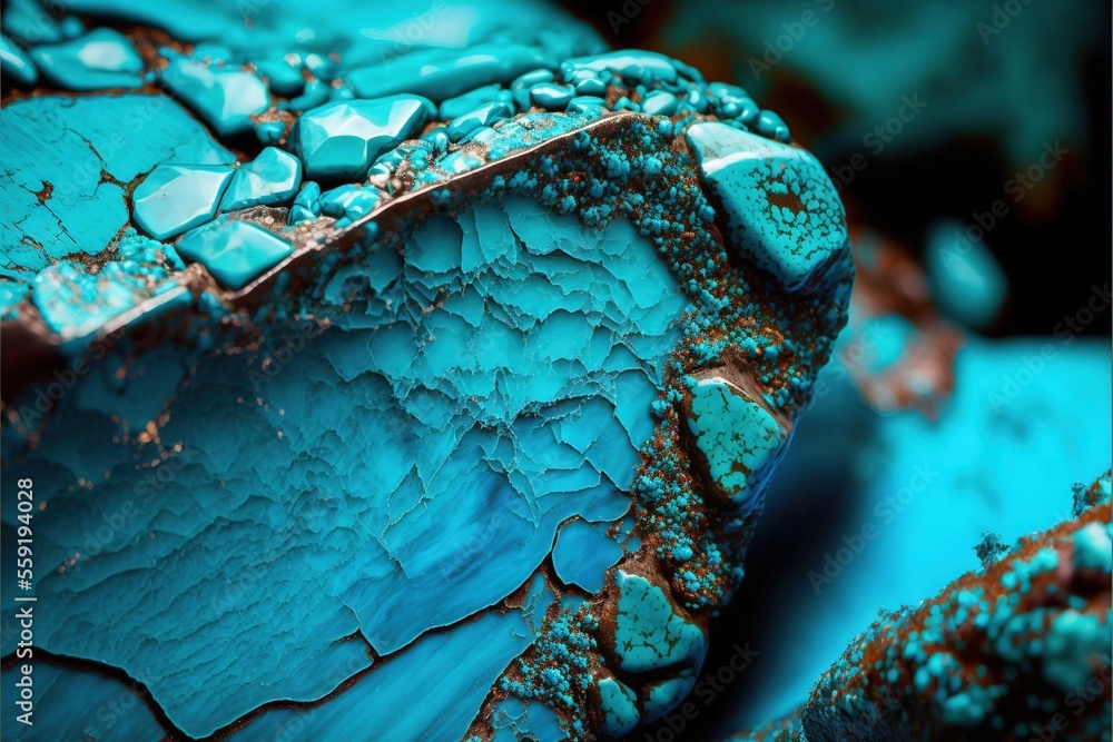 Poster a close up of a blue and brown object with water droplets on it's surface and a black background wit