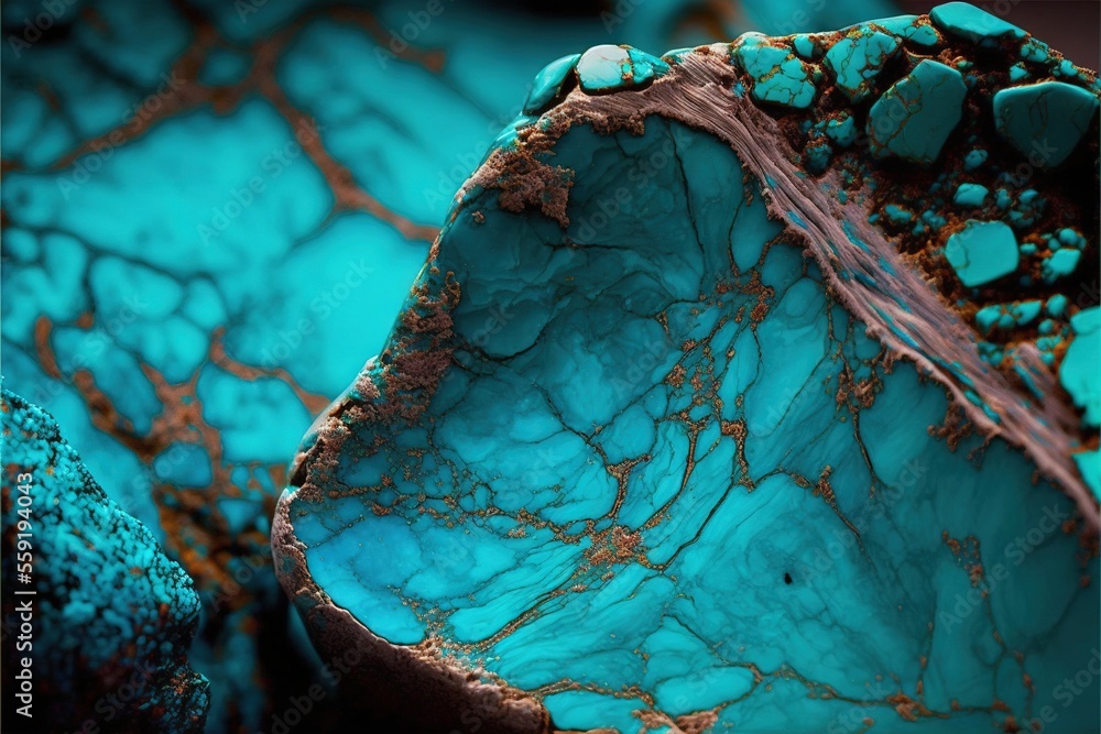 Poster a close up of a turquoise and brown object with a brown line on it's surface and a brown line on the