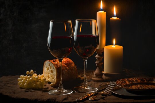 a table topped with two wine glasses and a plate of food next to a candle and a plate of food on a table cloth with a candle and a plate with a candle on it.