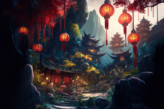 Wonderful fantasy landscape with traditional chinese houses in the mountains and orange glowing chinese lanterns, Chinese Lantern Festival, Generative AI