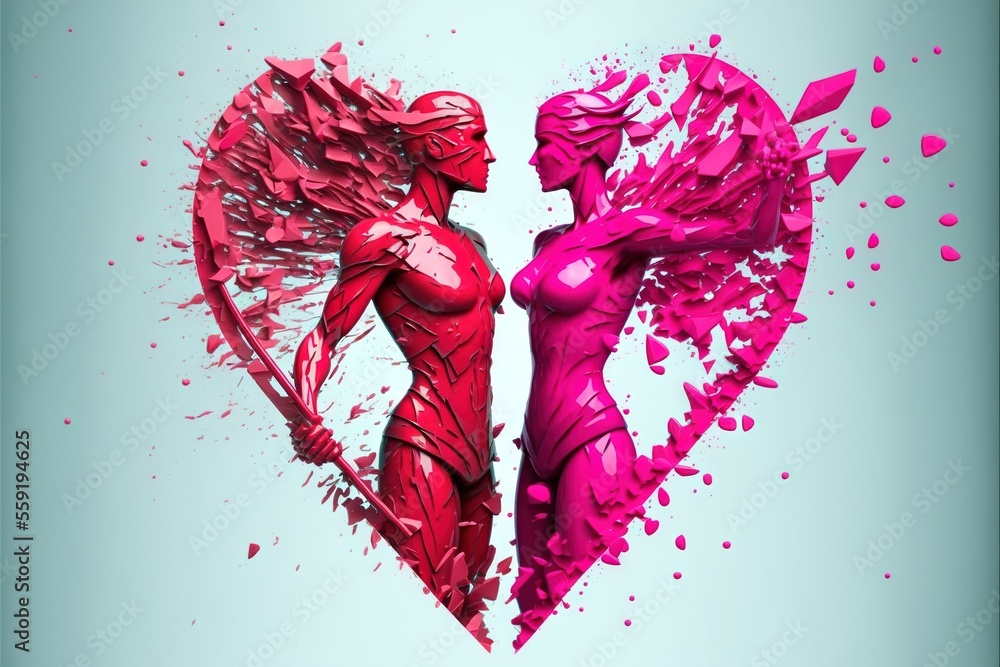 Poster a couple of pink figures standing next to each other in a heart shape with paint splatters on it and