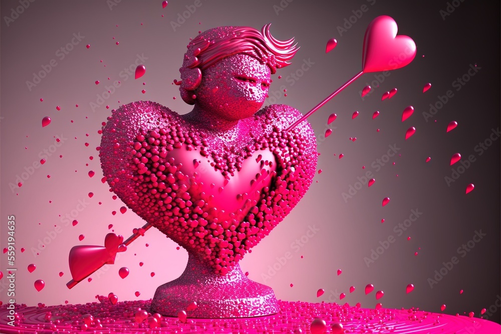 Poster a pink heart with a cupid holding a red heart and a red arrow in it with hearts floating around it a