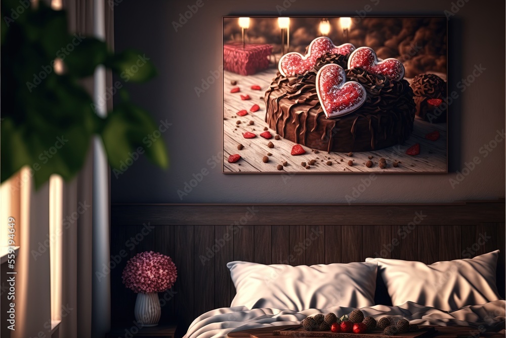 Aufkleber a chocolate cake with hearts on top of it on a table in a bedroom with a painting of a heart on the 