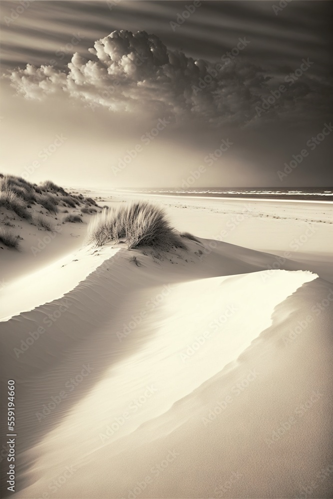 Poster a black and white photo of a beach with sand dunes and clouds in the sky above it and a small patch 