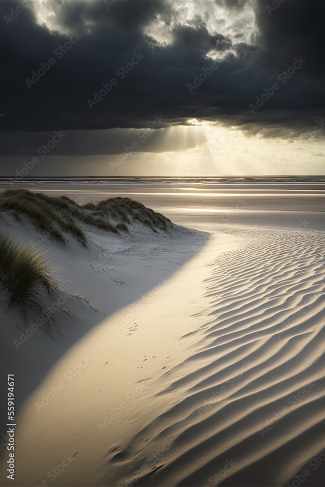 Poster a sandy beach with a few grass growing out of it and a dark sky with clouds above it and a sunbeam i