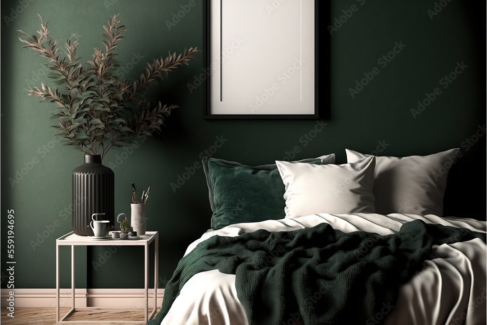Aufkleber a bed with a green blanket and pillows in a room with a plant and a picture frame on the wall above 