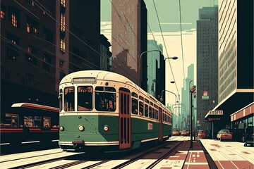 a green and white trolley on a city street with tall buildings in the background and a red and white tram on the tracks in the foreground, and a red and white tram on the. - obrazy, fototapety, plakaty