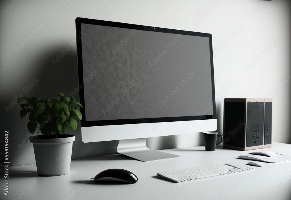 Poster a computer monitor sitting on top of a desk next to a keyboard and mouse and a plant in a pot on a d
