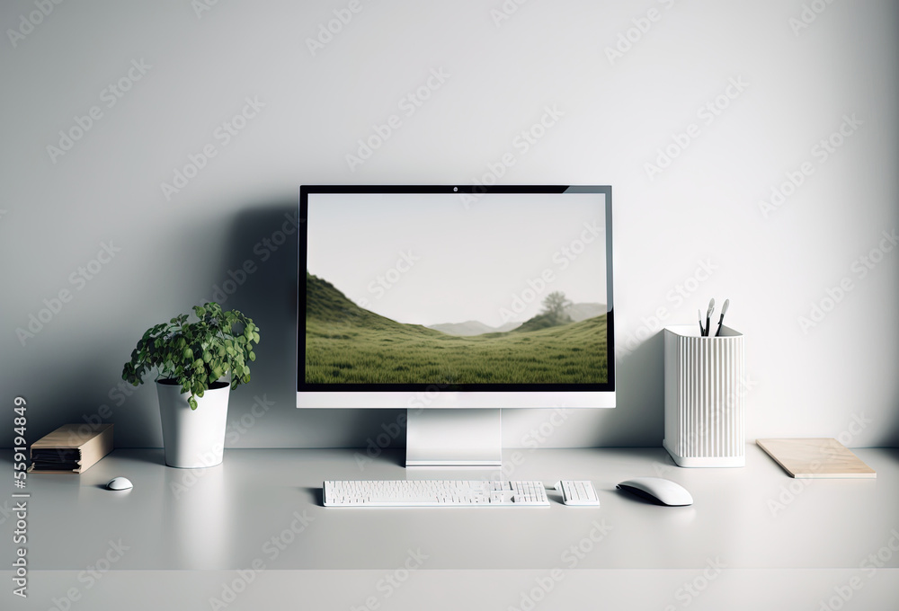 Poster a computer monitor sitting on top of a desk next to a plant and a keyboard and mouse on a desk top n