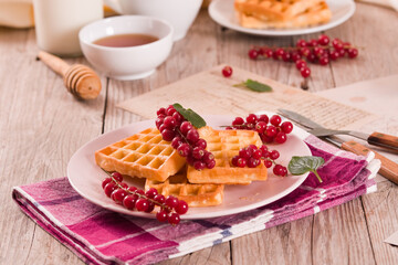 Waffle with red currant and honey on white dish.