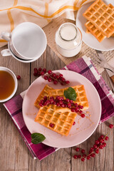 Waffle with red currant and honey on white dish.