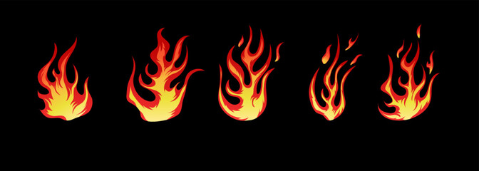 Hand drawn fire illustration on black background for element design. silhouette of flames in set.