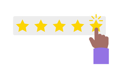Dark skinned hand clicks on 5 stars app rating. Vector illustration isolated on white background.
People leave feedback and comments. Star Rating, Classification Positive Customer Reviews Feedback Con