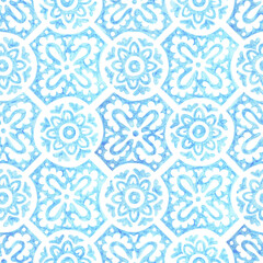 Seamless moroccan pattern. Square vintage tile. Blue and white watercolor ornament painted with paint on paper. Handmade. Print for textiles. Set grunge texture.