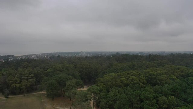 Aerial view of soccer fields surrounded by forests, city and sea on the horizon